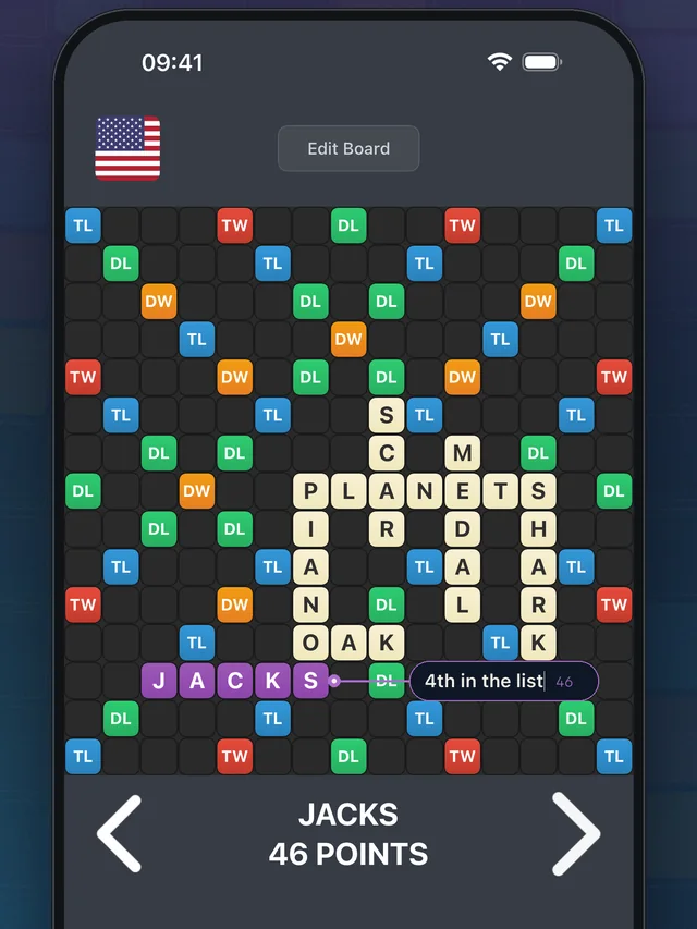 Playable words ranked by score, with the top word placed on the board