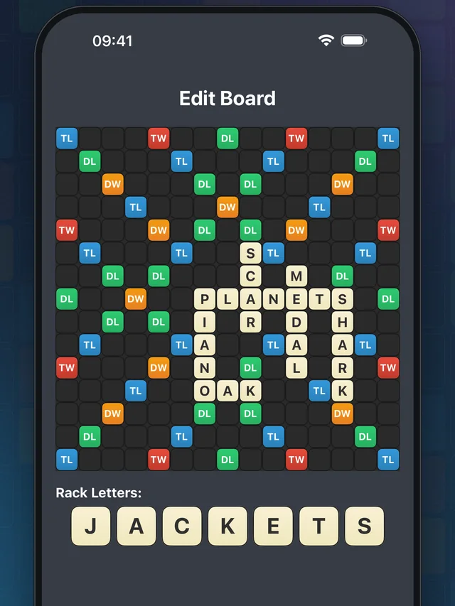 The board editor, with a tile being corrected by tapping its square